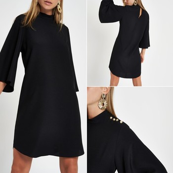 Black Button Sleeve Swing Dress