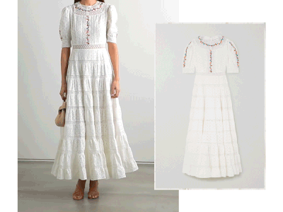 Skylar Tiered Lace-Paneled Embroidered Broderie Anglaise Cotton Maxi Dress, £335 | Rixo