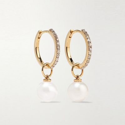 14-Karat Gold, Diamond & Pearl Hoop Earrings from Mateo