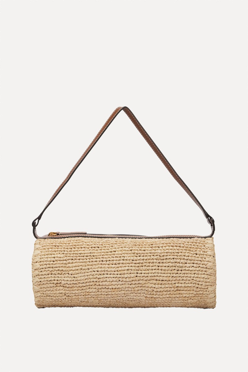 Taru Mini Leather-Trimmed Raffia Shoulder Bag from Staud