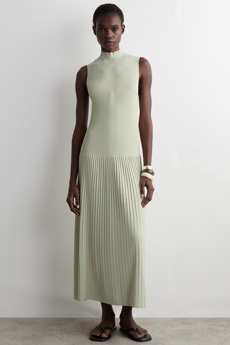 Pleated High-Neck Maxi Dress