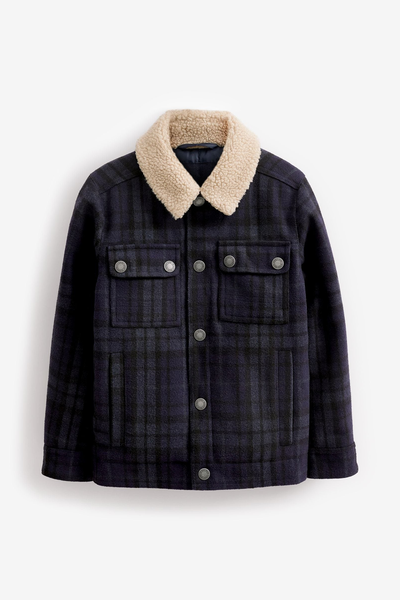 Navy Blue Check Borg Collar Jacket 