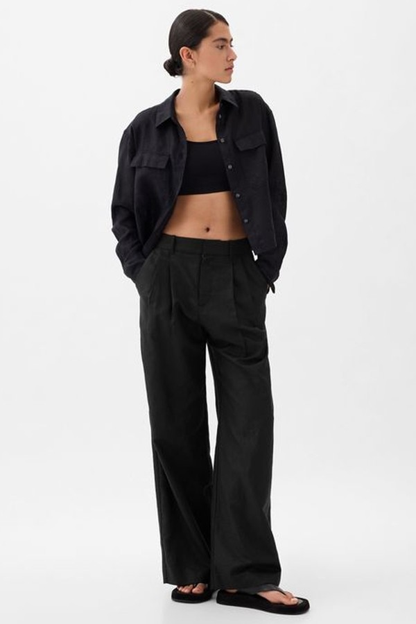 High Waisted Linen Cotton Blend Trousers