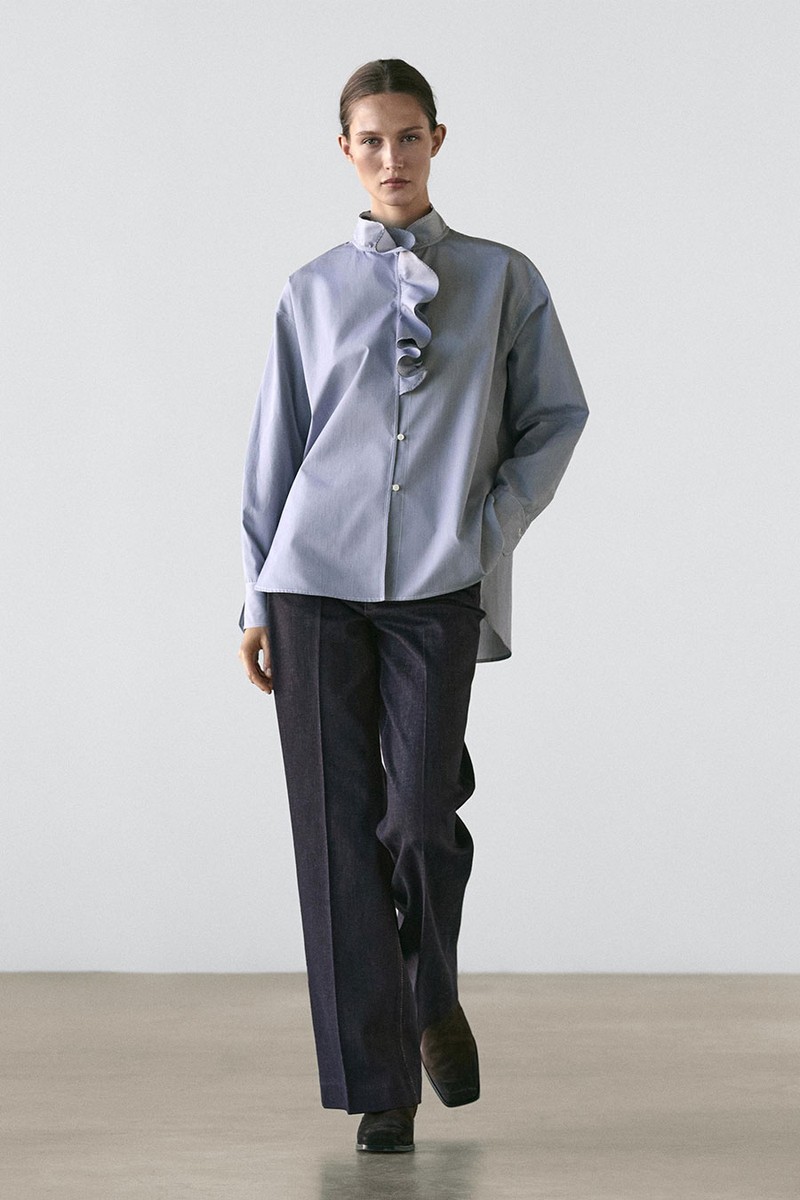 Shirt With Ruffle Collar Detail from Massimo Dutti