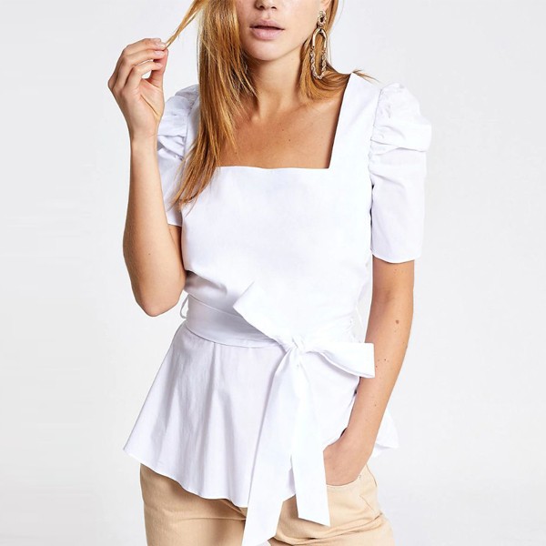White Square Neck Tie Waist Top