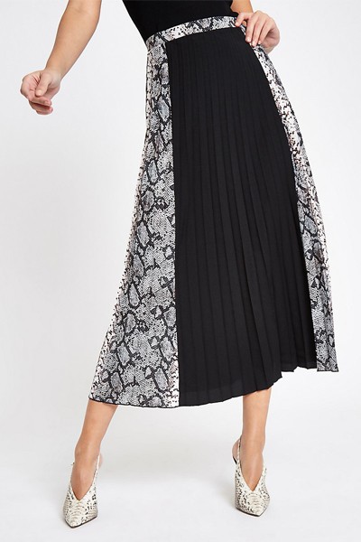 Black Block Snake Print Pleated Midi Skirt