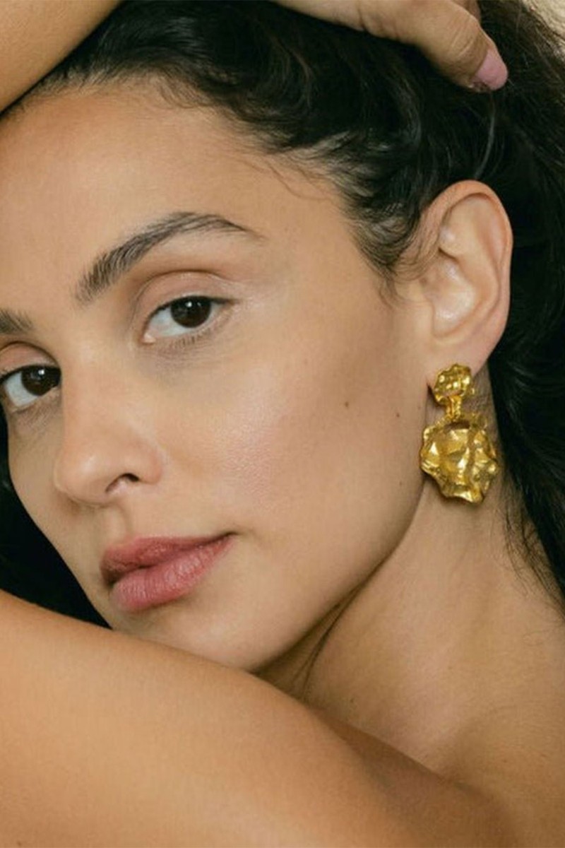 Crumpled Gold Stud Drop Large Earrings
