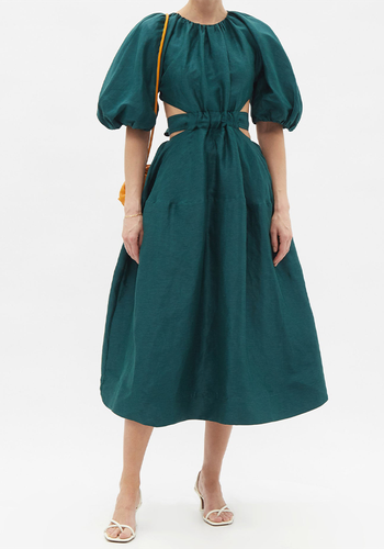 Mimosa Puff-Sleeve Linen-Blend Midi Dress