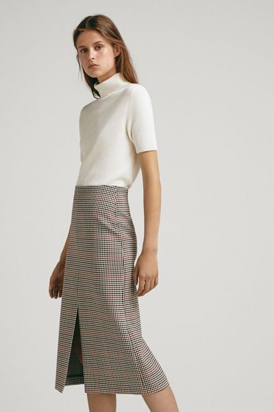 Check Wool Skirt with Front Slit from Massimo Dutti