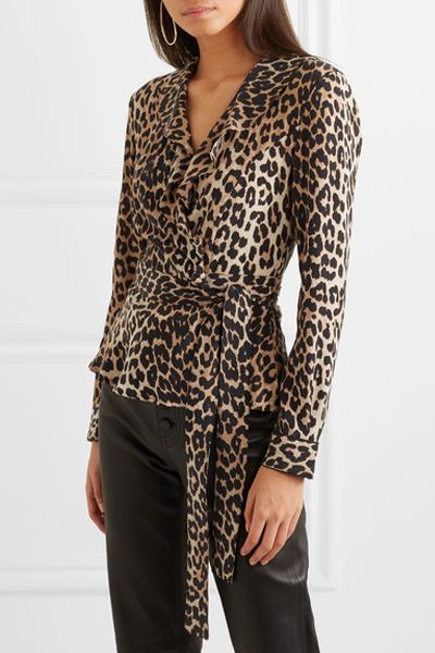 Ruffled Leopard-Print Silk Wrap Top from Ganni