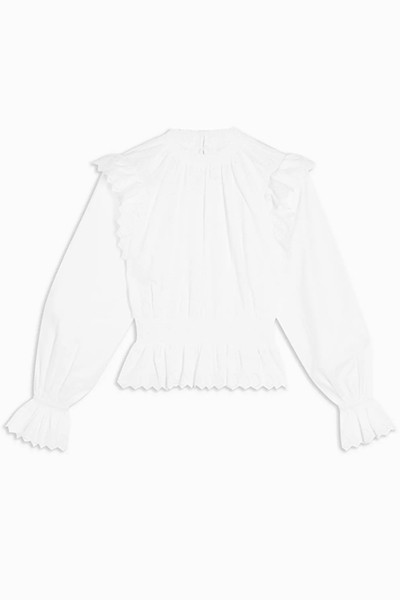 White Shirred Embroidered Blouse from Topshop