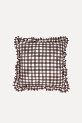 Ruffle Gingham Linen Square Cushion Cover, Chocolate Brown from Rebecca Udall