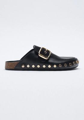 Flat Leather Clogs With Studs And Buckle
