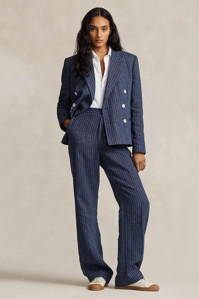 Pinstripe Linen Double-Breasted Blazer