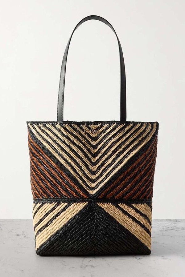 Puzzle Fold Medium Convertible Leather-Trimmed Striped Raffia Tote from Loewe