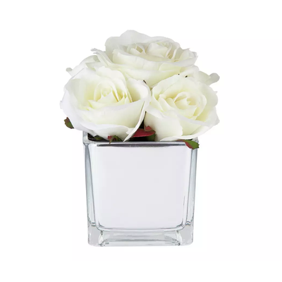 Mirrored Artificial White Rose Flower Arrangement