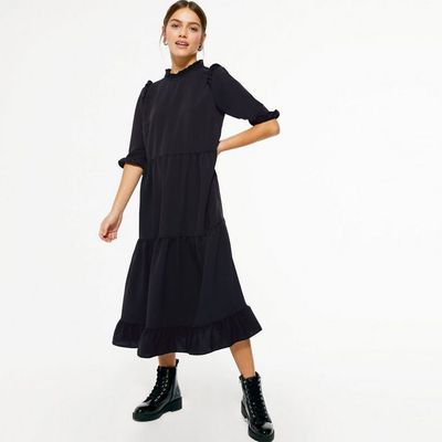 Petite Black Frill Puff Sleeve Midi Dress