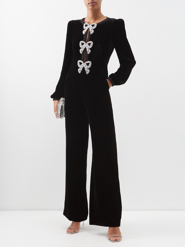 Camille Crystal Bow Velvet Jumpsuit from Saloni