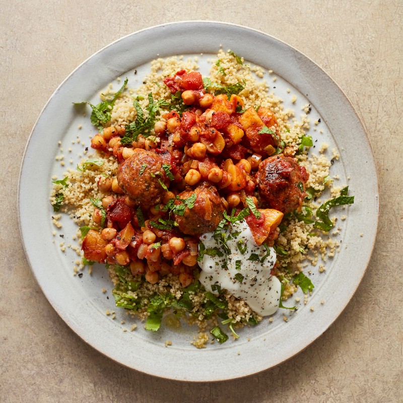 Moroccan Veggie Meatballs With Chickpeas & Couscous