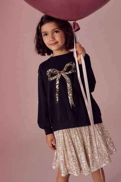 Gold Sequin Bow Long Sleeve Wrap Back Cotton Top