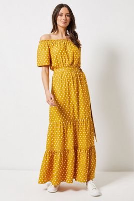 Yellow Spot Print Bardot Tiered Maxi Dress