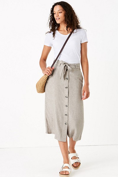 Linen Button Front Midi A-Line Skirt