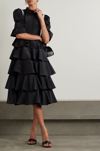 Simone Velvet-Trimmed Ruffled Tiered Moire Midi Dress from Batsheva