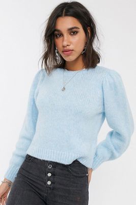 Only Knitted Jumper With Puff Sleeves In Blue from Only
