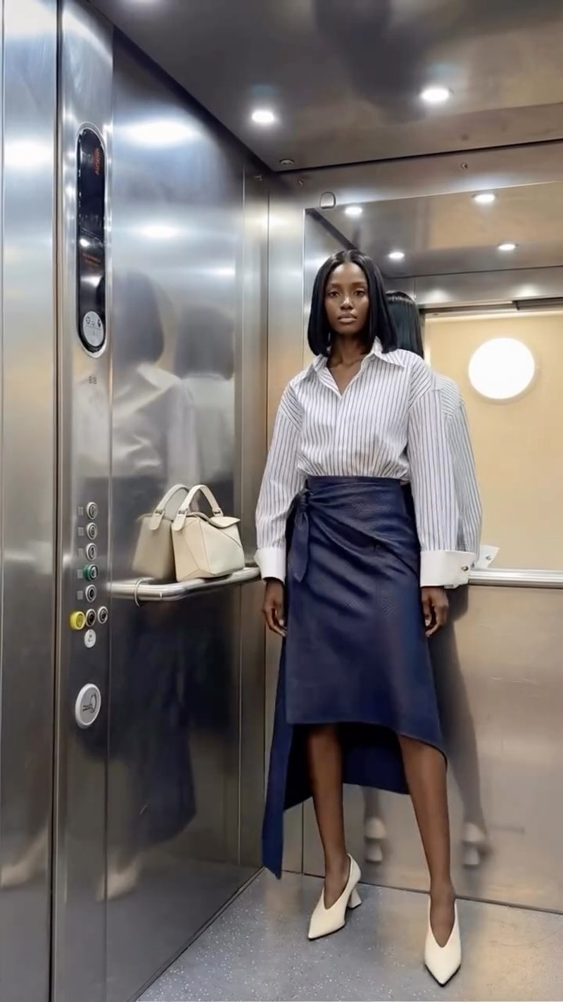 A week in looks ✨

Look 1
Shirt & Skirt: Bottega Veneta
Bag: Loewe 
Shoes: TOTEME

Look 2 
Blazer, Trousers & Shoes: Ralph Lauren
Bag: Joseph 

Look 3 
White Shirt & Leather Skirt: Givenchy 
Earrings: By Alona 
Shoes: Zara 

Look 4 
Suit & Shirt: Róhe
Bag: Alaïa
Shoes: Gina 

Look 5: 
Whole Look: The Frankie Shop 
Bag: Bottega Veneta 
Shoes: Jimmy Choo

This was generated using AI tools.