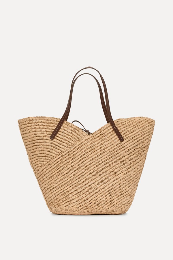 Leather-Detail Straw Tote
