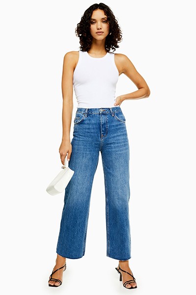 Mid Blue Raw Hem Crop Jeans