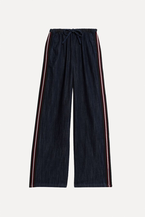 Cotton Rich Denim Side Stripe Wide Leg Trousers