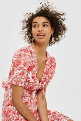 Embroidered Tie Front T-Shirt Mini Dress from Topshop