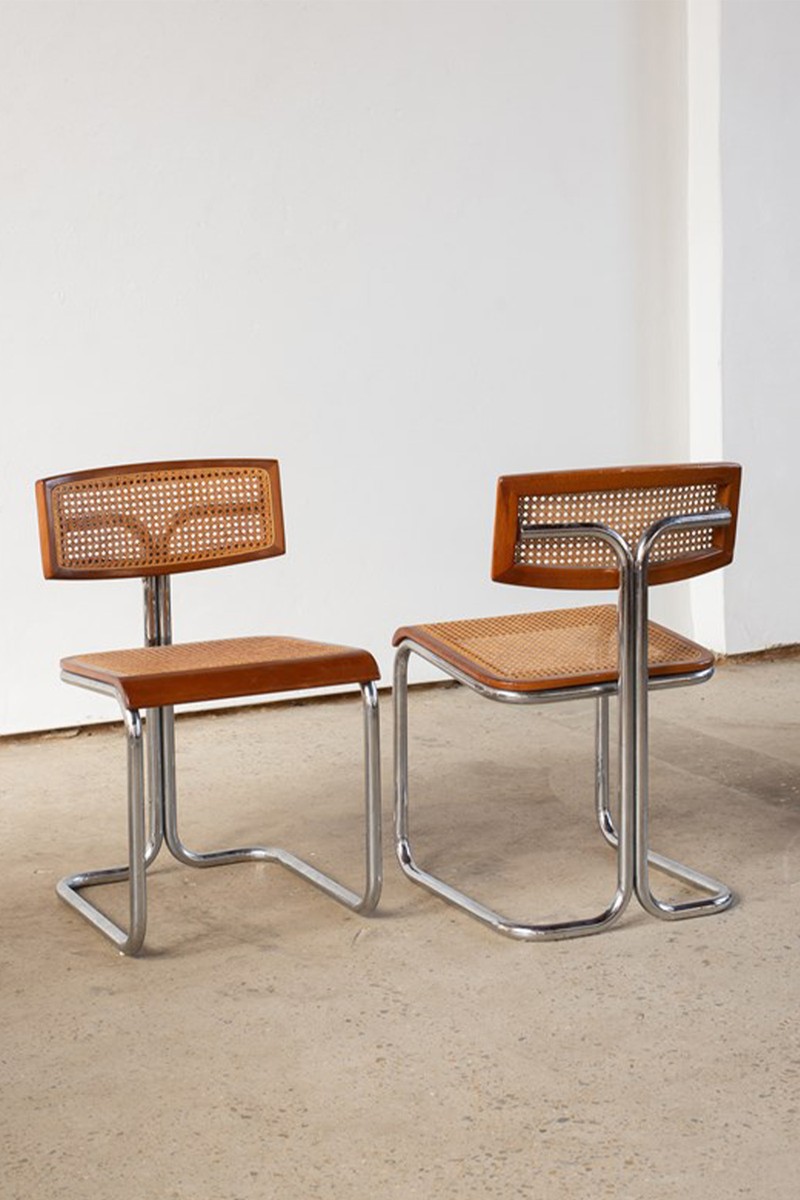 Set Of 4 Italian Cane, Wood & Chrome Cantilever Chairs from Soap & Salvation