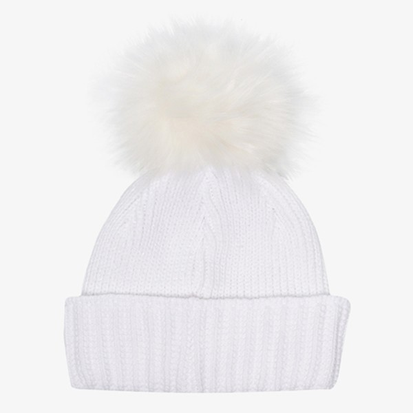 White Cable Knit Faux Fur Pom-Pom Beanie from Colmar