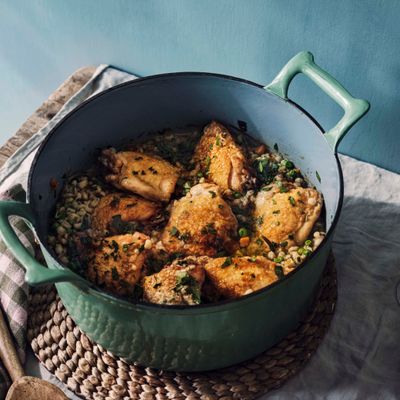 One-Pot Roast Chicken With Barley, White Wine & Peas