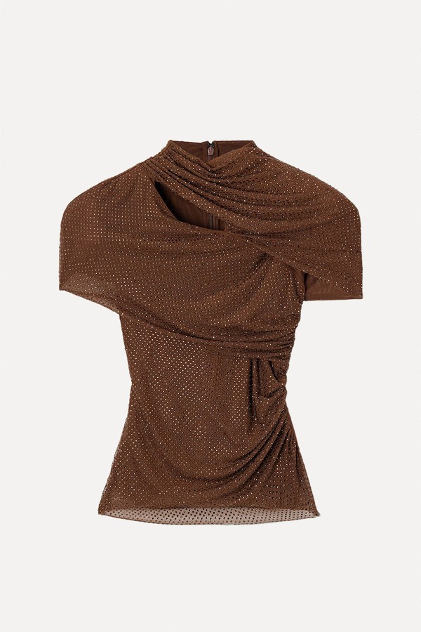 Gathered Cutout Crystal-Embellished Mesh Top from Self-Portrait 