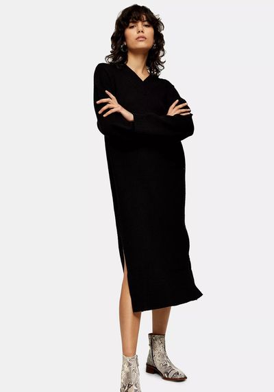 V Neck Knitted Midi Dress With Wool