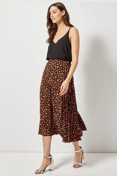 Brown Cheetah Print Pleated Midi Skirt