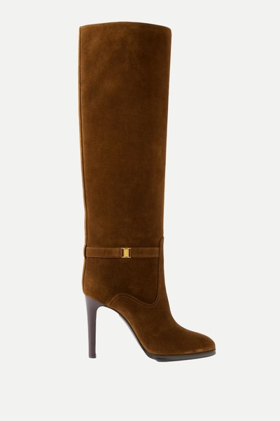 Diane Logo-Embellished Suede Knee Boots from SAINT LAURENT