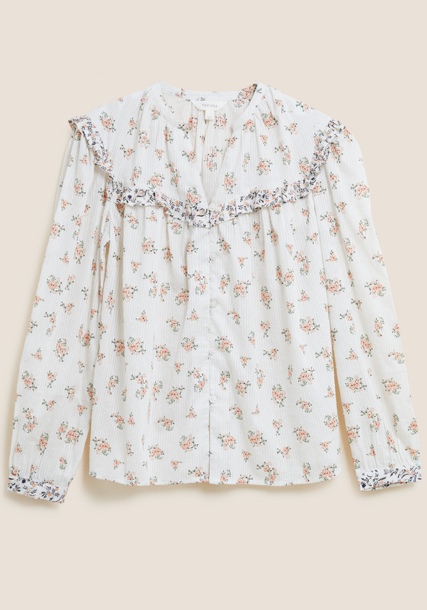 Pure Cotton Floral V-Neck Ruffle Blouse from Per Una 