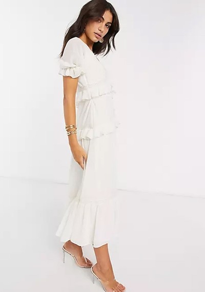 Button Through Lace Insert Tiered Midi Dress from ASOS Design