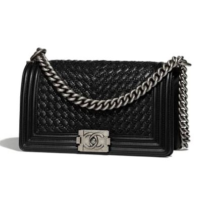 Black Braided Calfskin & Ruthenium-Finish Metal Handbag from Chanel
