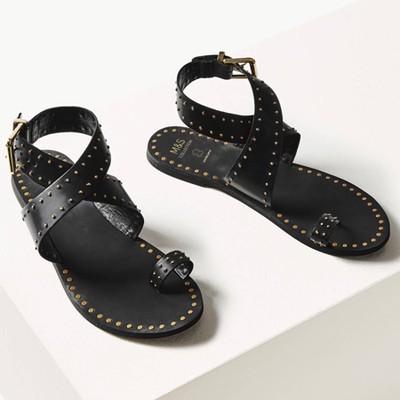 Leather Studded Toe Thong Sandals