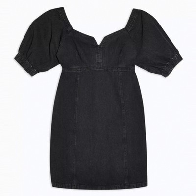 Washed Black Bodycon Puff Sleeve Denim Dress