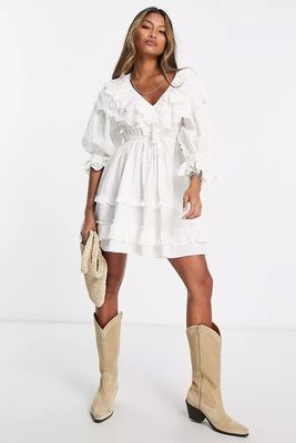 Ruffle Broderie Mini Dress In Ivory from Topshop