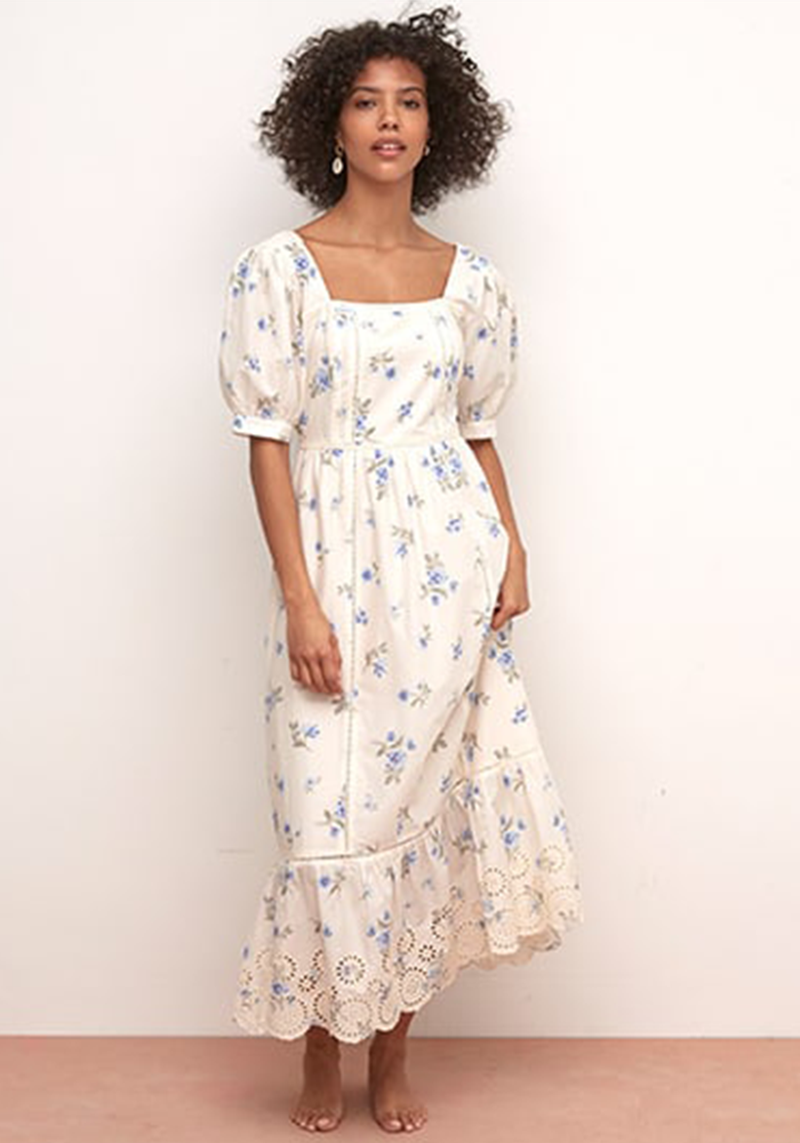 White And Blue Floral Isla Broderie Midi Dress from Nobody's Child 