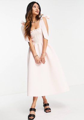 Shirred Bunny Tie Prom Midi Dress In Blush from ASOS Design