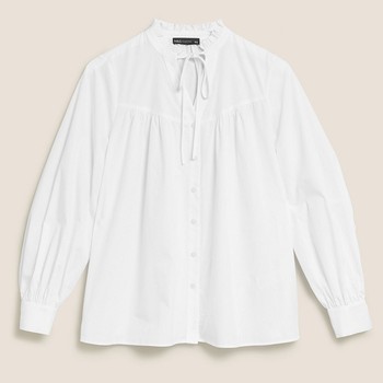 Pure Cotton Tie Neck Frill Detail Blouse