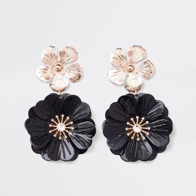 Black Double Flower Drop Earrings